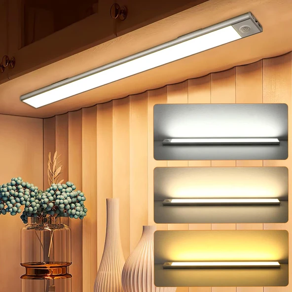 HyMark 40cm Sensörlü Alüminyum USB Şarjlı LED Gece Lambası 3 Renk Kısılabilir Mutfak Dolap Tezgah - 1
