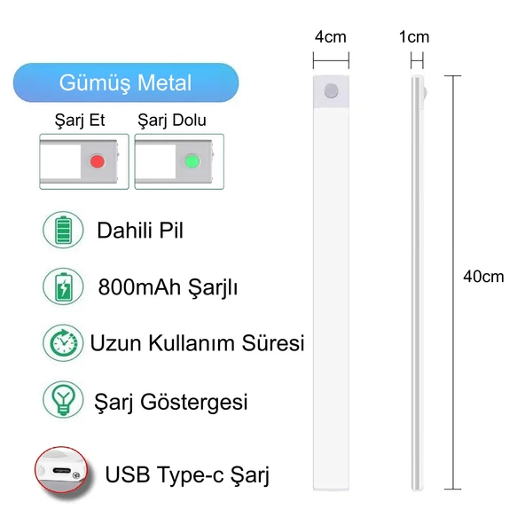 HyMark 40cm Sensörlü Alüminyum USB Şarjlı LED Gece Lambası 3 Renk Kısılabilir Mutfak Dolap Tezgah - 7