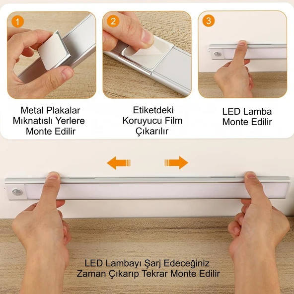 HyMark 40cm Sensörlü Alüminyum USB Şarjlı LED Gece Lambası 3 Renk Kısılabilir Mutfak Dolap Tezgah - 4