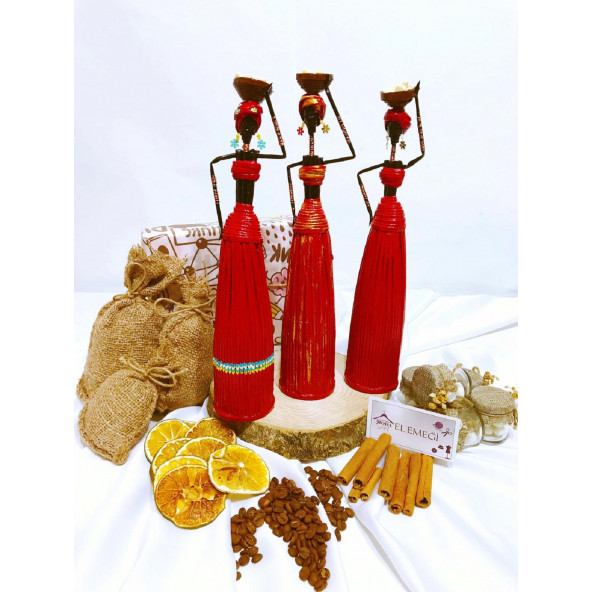 ModaYani 3 Adet Kırmızı HandMade El Yapımı Afrikalı Kadın Biblo Geri Dönüşüm Bereket Bebekleri