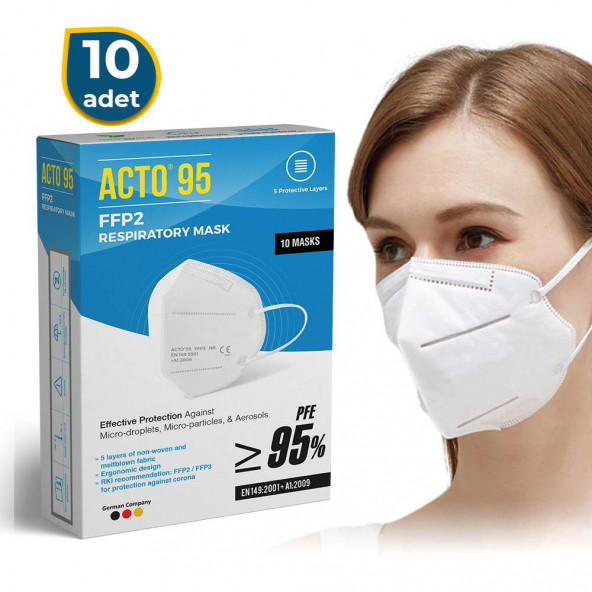 ACTO 95 FFP2 / N95 Respiratory Mask 5 Katlı Solunum Maskesi 10 Adet