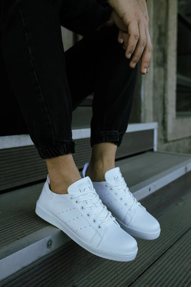 Yeni Sezon İnce Taban Günlük Spor Bağcıklı Ayakkabı -Beyaz-Beyaz - 4