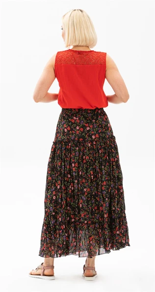 Buse Vual Uzun Yazlık Etek Tomurcuk Desen Siyah 6162 2XL-3XL Siyah - 3