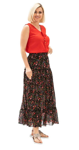 Buse Vual Uzun Yazlık Etek Tomurcuk Desen Siyah 6162 2XL-3XL Siyah - 6