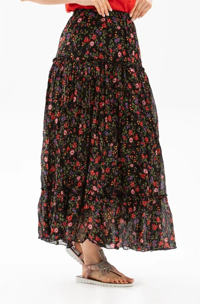 Buse Vual Uzun Yazlık Etek Tomurcuk Desen Siyah 6162 2XL-3XL Siyah - 4