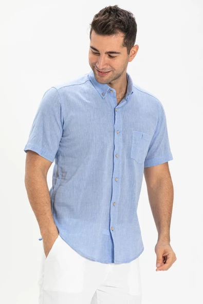 Kısa Kol Dar Kalıp Şile Bezi Tek Cepli Erkek Yazlık Gömlek Mavi 3032 ürün görseli