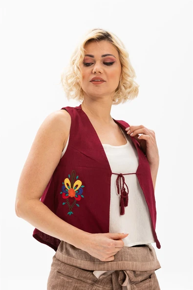 Nakışlı Şile Bezi Yazlık Yelek Bordo Brd S Bordo - 3