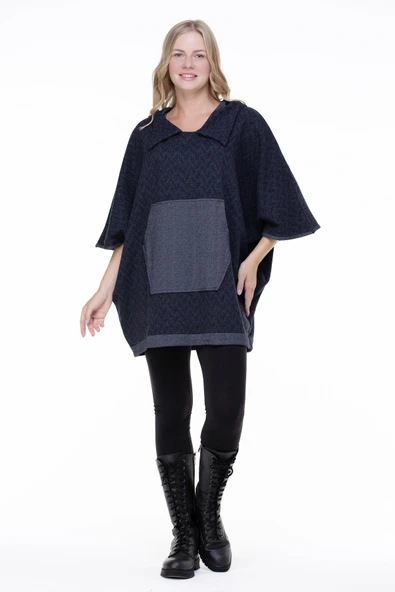 Balıksırtı İnterlok Sonbahar ve Kışlık Panço İndigo indg Standart İndigo