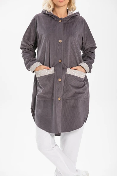 Eylül Fitilli Kadife Ceket Gri Gri 2XL-3XL Gri - 3