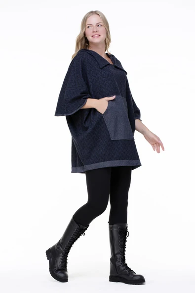 Balıksırtı İnterlok Sonbahar ve Kışlık Panço İndigo indg Standart İndigo - 5