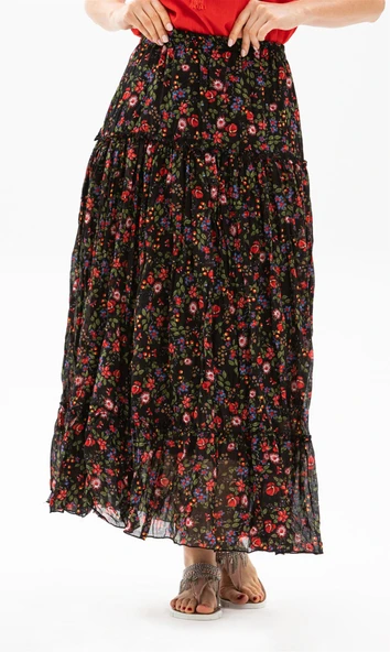 Buse Vual Uzun Yazlık Etek Tomurcuk Desen Siyah 6162 2XL-3XL Siyah