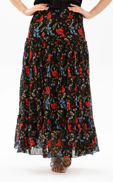 Buse Vual Uzun Yazlık Etek Gelincik Desen Kırmızı Siyah Çizgili 6159 2XL-3XL Siyah - 1