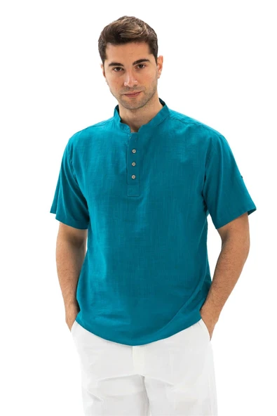 Kısa Kol Şantuklu Pamuk Bodrum Erkek Yazlık Tshirt Petrol 3053 - 6