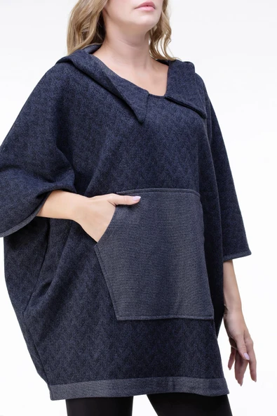 Balıksırtı İnterlok Sonbahar ve Kışlık Panço İndigo indg Standart İndigo - 3