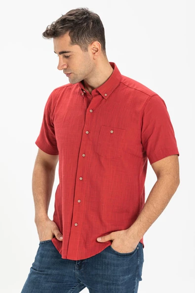 Kısa Kol Dar Kalıp Şile Bezi Tek Cepli Erkek Yazlık Gömlek Kırmızı 3051 - Resim 2