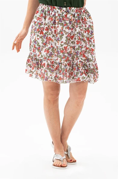 Buse Vual Kısa Yazlık Etek Tomurcuk Desen Beyaz 6165 2XL-3XL Beyaz - 1