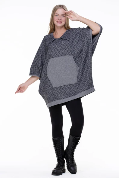 Balıksırtı İnterlok Sonbahar ve Kışlık Panço Gri Gri Standart Gri - 6