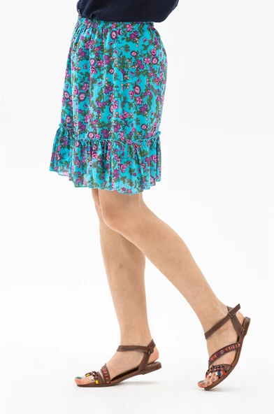 Buse Vual Kısa Yazlık Etek Tomurcuk Desen Turkuaz 6167 2XL-3XL Turkuaz - 4