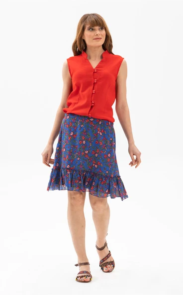 Buse Vual Kısa Yazlık Etek Tomurcuk Desen Saks Kareli 6171 2XL-3XL Saks - 1