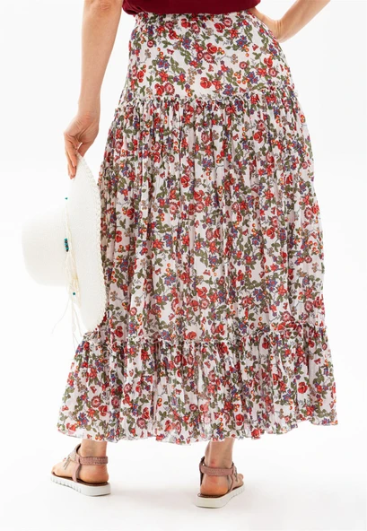 Buse Vual Uzun Yazlık Etek Tomurcuk Desen Beyaz 6165 2XL-3XL Beyaz - 3