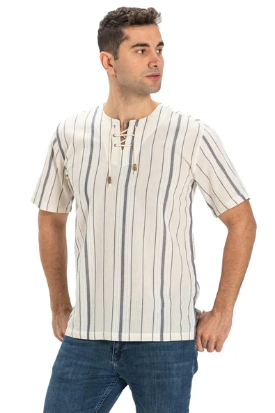 Kısa Kol Şile Bezi Zımbalı Erkek Yazlık Tshirt Ekru Gri Çizgili 3028 - Resim 7