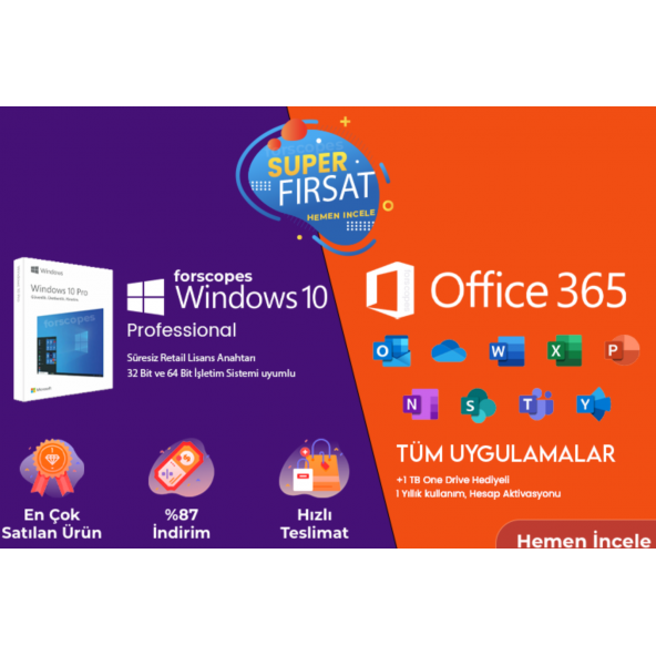Windows 10 Pro + Office 365 Pro Plus 32-64 Bit Türkçe Destekli - 1