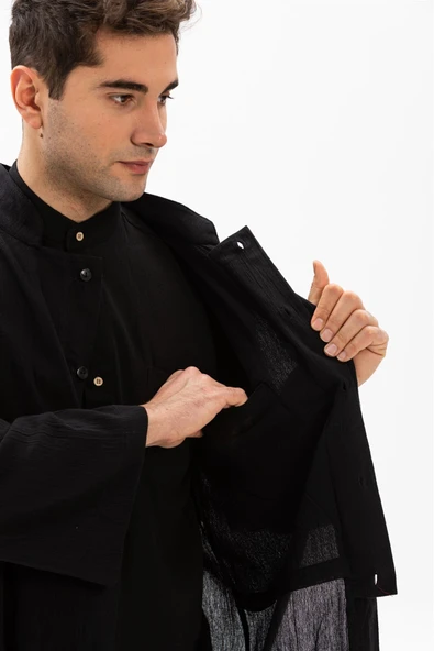 Şile Bezi İnce Erkek Namaz Cübbesi Yazlık Namazlık Pamuk Kumaş Cübbe Siyah Syh L Siyah - 4