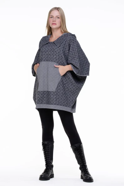 Balıksırtı İnterlok Sonbahar ve Kışlık Panço Gri Gri Standart Gri - 5