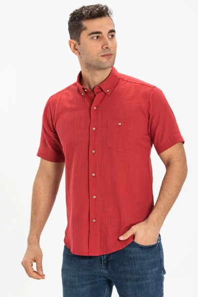Kısa Kol Dar Kalıp Şile Bezi Tek Cepli Erkek Yazlık Gömlek Kırmızı 3051 ürün görseli