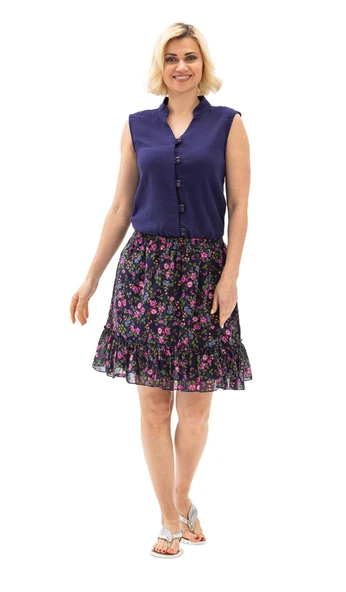 Buse Vual Kısa Yazlık Etek Tomurcuk Desen Koyu Mor 6169 2XL-3XL Koyu Mor - 6