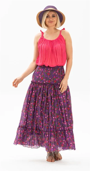 Buse Vual Uzun Yazlık Etek Tomurcuk Desen Mor 6163 2XL-3XL Mor - 1