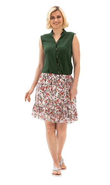 Buse Vual Kısa Yazlık Etek Tomurcuk Desen Beyaz 6165 2XL-3XL Beyaz - 6