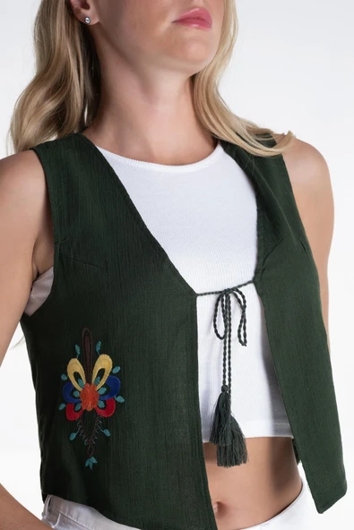 Nakışlı Şile Bezi Yazlık Yelek Yeşil Ysl S Yeşil - 3