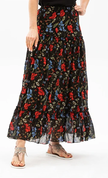 Buse Vual Uzun Yazlık Etek Gelincik Desen Kırmızı Siyah Çizgili 6159 2XL-3XL Siyah - 4