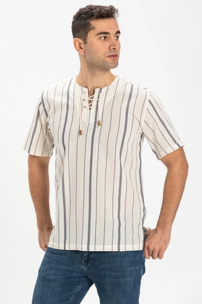 Kısa Kol Şile Bezi Zımbalı Erkek Yazlık Tshirt Ekru Gri Çizgili 3028 ürün görseli