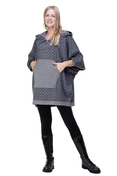 Balıksırtı İnterlok Sonbahar ve Kışlık Panço Gri Gri Standart Gri - 8