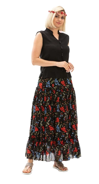 Buse Vual Uzun Yazlık Etek Gelincik Desen Kırmızı Siyah Çizgili 6159 2XL-3XL Siyah - 6