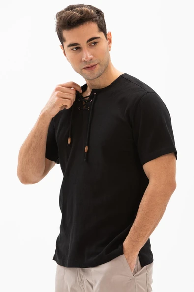 Kısa Kol Şile Bezi Zımbalı Erkek Yazlık Tshirt Siyah 3003 - Resim 3