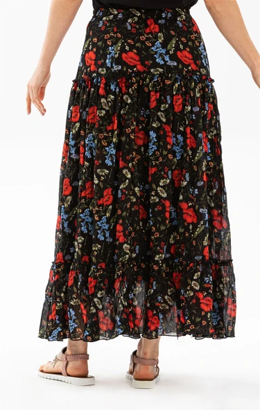 Buse Vual Uzun Yazlık Etek Gelincik Desen Kırmızı Siyah Çizgili 6159 2XL-3XL Siyah - 3