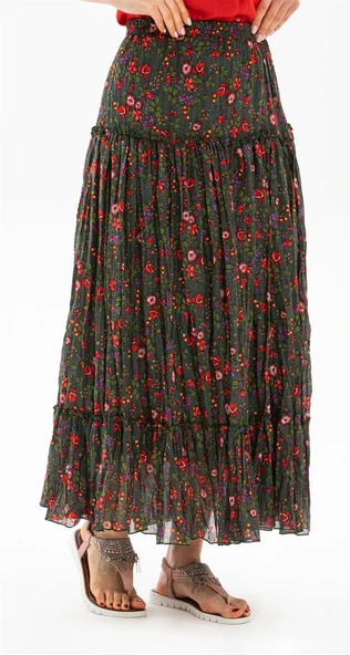 Buse Vual Uzun Yazlık Etek Tomurcuk Desen Yeşil 6170 - Resim 4