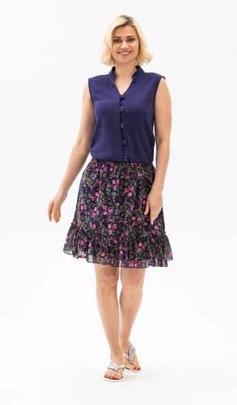 Buse Vual Kısa Yazlık Etek Tomurcuk Desen Koyu Mor 6169 2XL-3XL Koyu Mor - 2