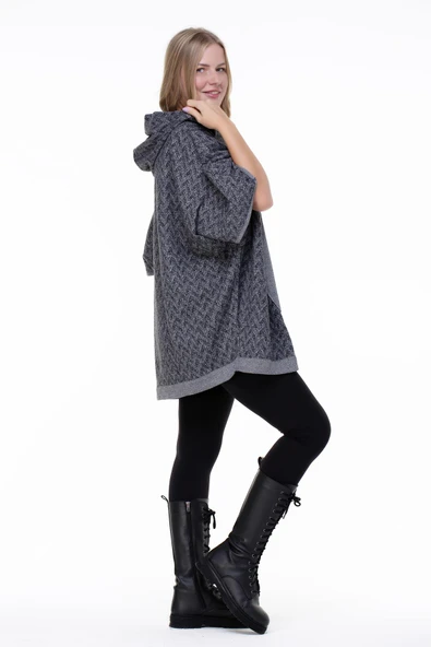 Balıksırtı İnterlok Sonbahar ve Kışlık Panço Gri Gri Standart Gri - 4