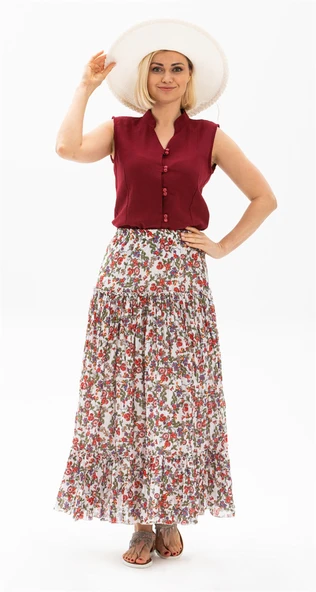 Buse Vual Uzun Yazlık Etek Tomurcuk Desen Beyaz 6165 2XL-3XL Beyaz - 2