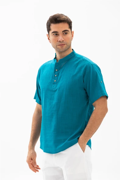 Kısa Kol Şantuklu Pamuk Bodrum Erkek Yazlık Tshirt Petrol 3053 - 3