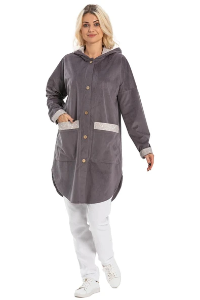Eylül Fitilli Kadife Ceket Gri Gri 2XL-3XL Gri - 6