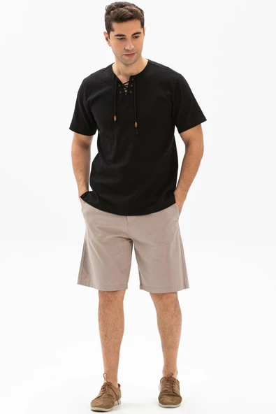 Kısa Kol Şile Bezi Zımbalı Erkek Yazlık Tshirt Siyah 3003 - Resim 4