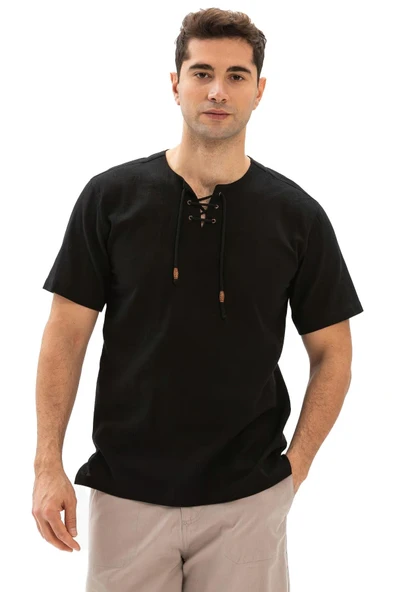 Kısa Kol Şile Bezi Zımbalı Erkek Yazlık Tshirt Siyah 3003 - Resim 6