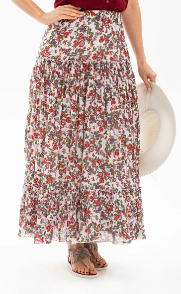 Buse Vual Uzun Yazlık Etek Tomurcuk Desen Beyaz 6165 2XL-3XL Beyaz - 1