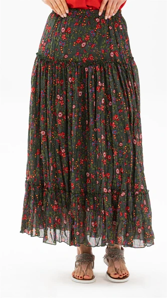 Buse Vual Uzun Yazlık Etek Tomurcuk Desen Yeşil 6170 ürün görseli