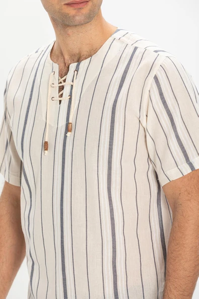 Kısa Kol Şile Bezi Zımbalı Erkek Yazlık Tshirt Ekru Gri Çizgili 3028 - Resim 3